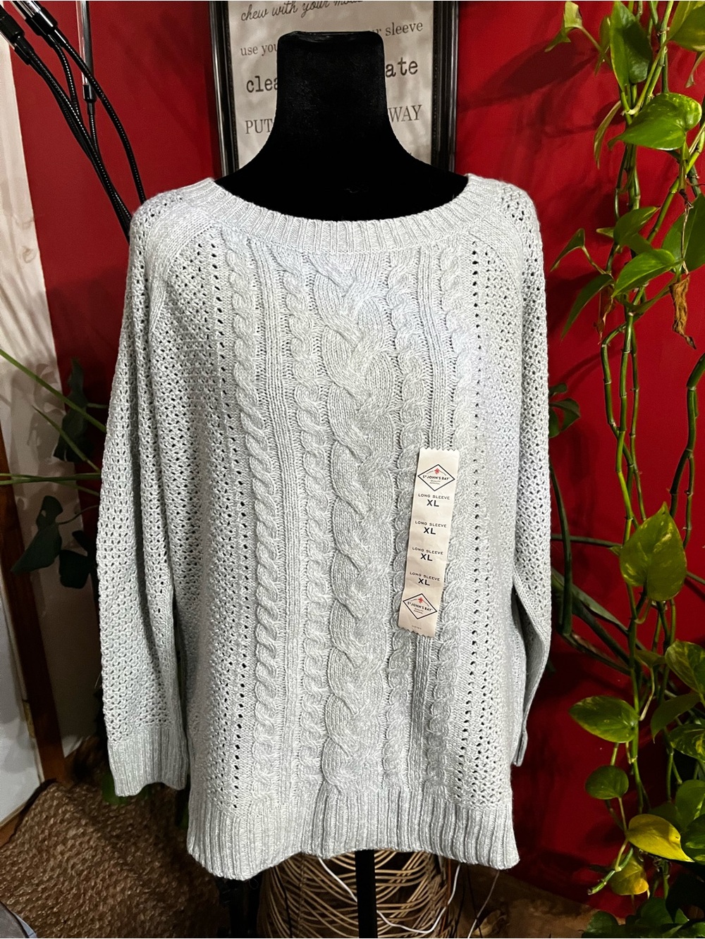St. John's Bay Light Gray Cable Knit Scoop Neck Sweater